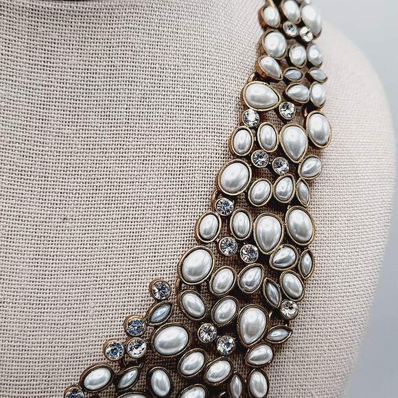 Bubblebar Gold Tone Faux Pearl Statement Necklace 20 Inch Rhinestone Collar - Picture 5 of 11